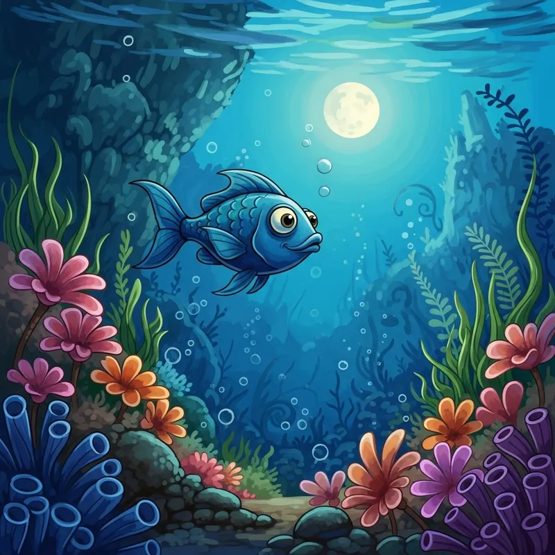 Whimsical Blue Fish Swimming Towards the Moon Whimsical Blue Fish Swimming Towards the Moon