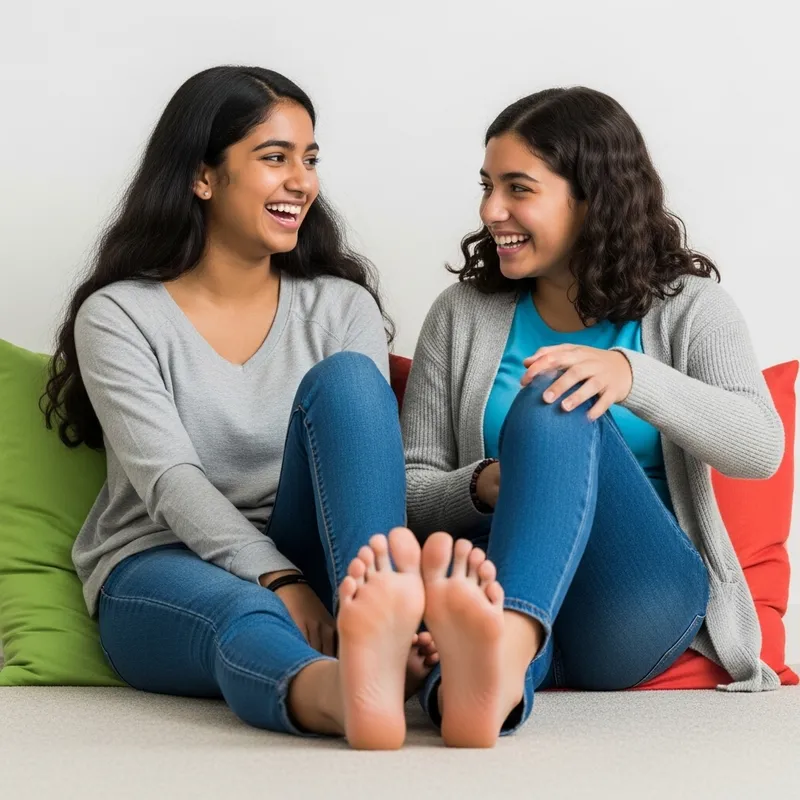 Two Teenage Girls Comparing Feet Sole to Sole