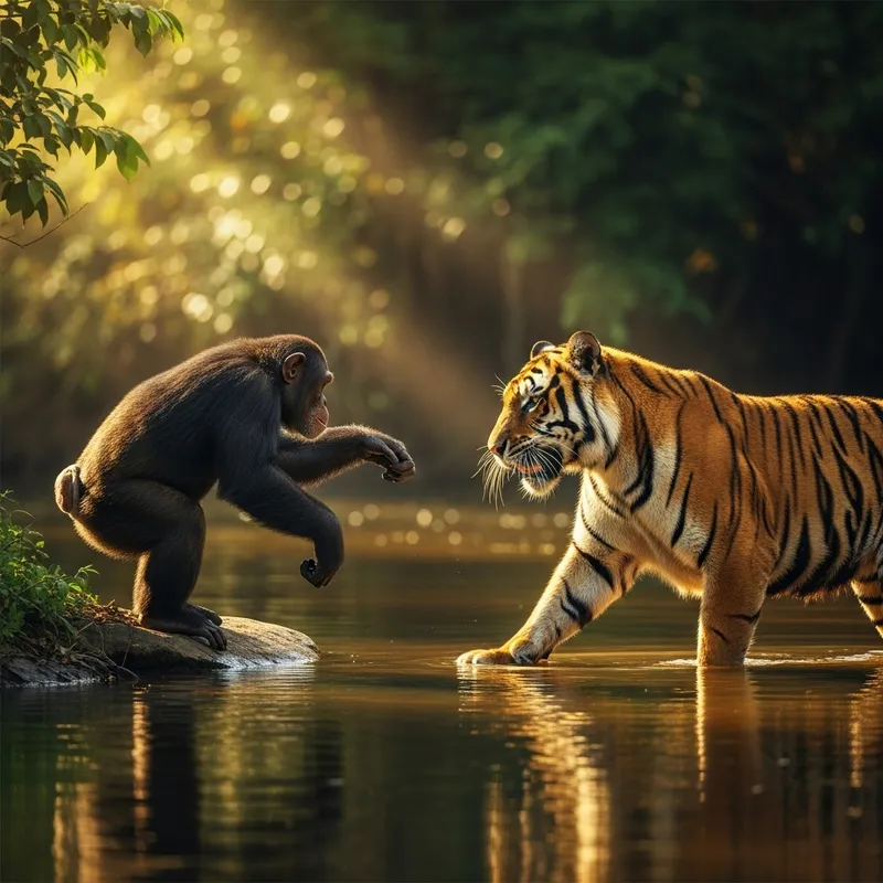 Chimpanzee vs Tiger: Battle by the River