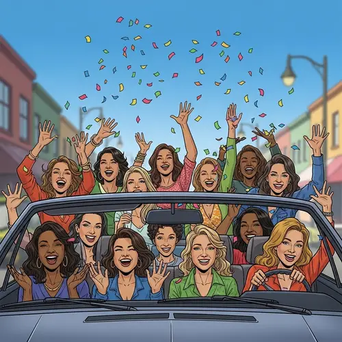 Joyful Car Celebration: 13 Multicultural Women Tossing Confetti