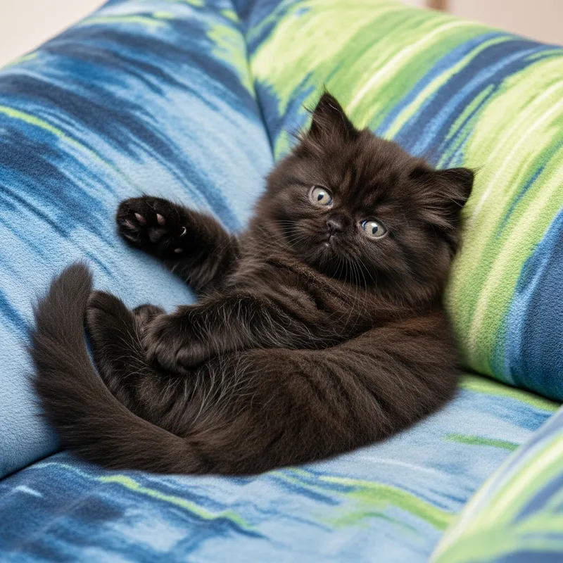 Adorable Fluffy Black Persian Kitten on Plush Cushion