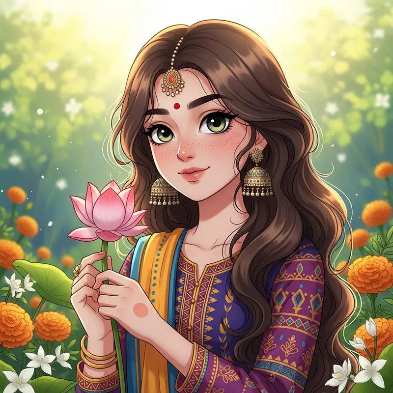 Beautiful Indian Girl with Lotus Flower