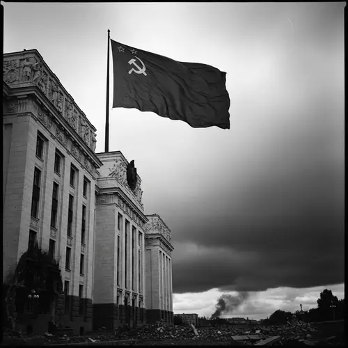 Iconic Red Flag Flying Over Historic Government Building