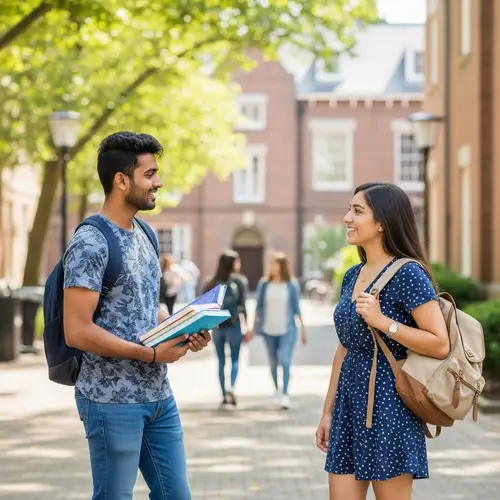 Diverse University Students Engage in Friendly Conversation