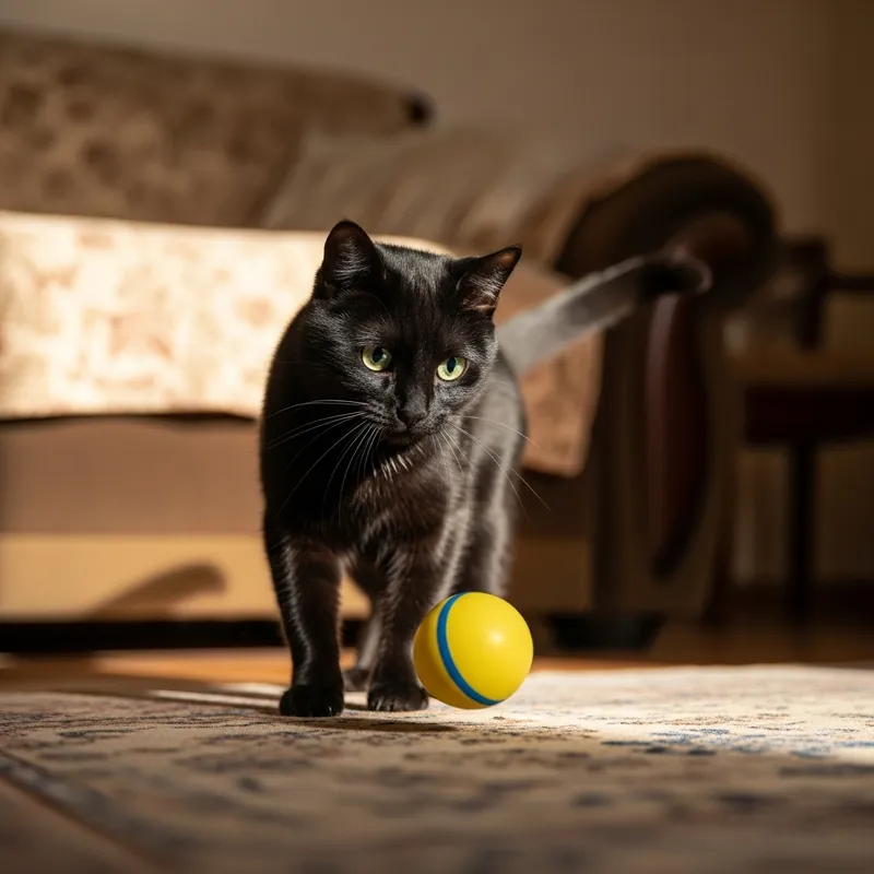 Midnight Black Cat Watchfully Eyeing Yellow Rubber Ball Midnight Black Cat Watchfully Eyeing Yellow Rubber Ball