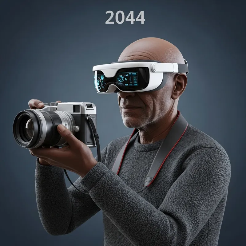 Futuristic Black Elderly Photographer with 2044 Futuristic Canon Camera Futuristic Black Elderly Photographer with 2044 Futuristic Canon Camera