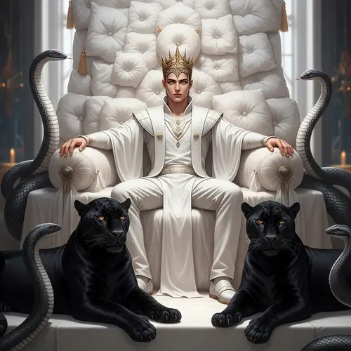 Captivating Young Eastern Man on Plush Throne with Panther Guards