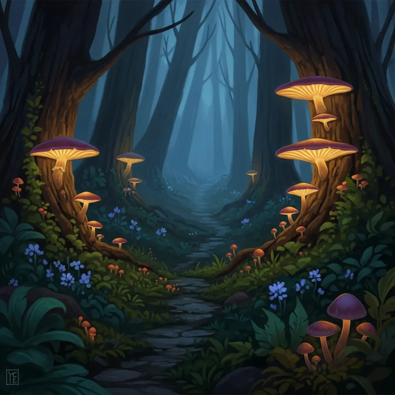 Enchanting Mystical Forest Scene with Glowing Mushrooms | Fantasy Art