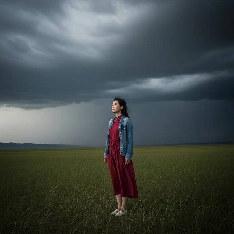 Chinese Girl on Vast Grassland | Dramatic View Amidst Ominous Storm Chinese Girl on Vast Grassland | Dramatic View Amidst Ominous Storm