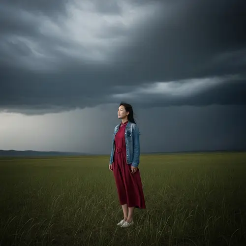 Chinese Girl on Grassland | Dramatic View Amidst Storm