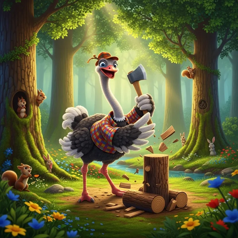 Charming Ostrich Wooden Log Cutter in Enchanting Forest | Child-friendly Scene