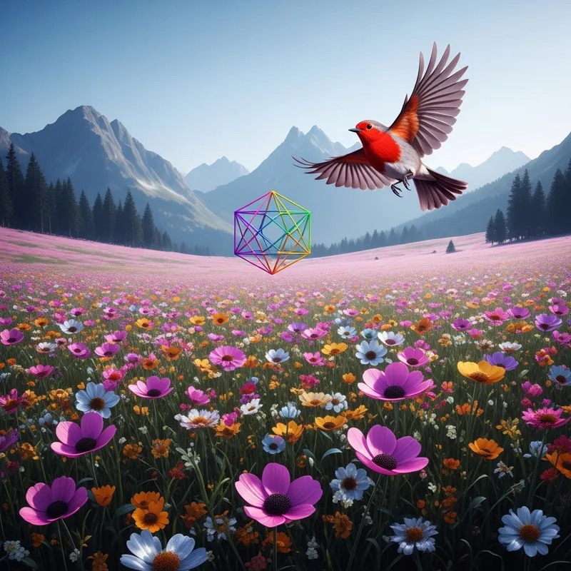 Colorful Metallic Flowers in Surreal Mountain Meadow Colorful Metallic Flowers in Surreal Mountain Meadow