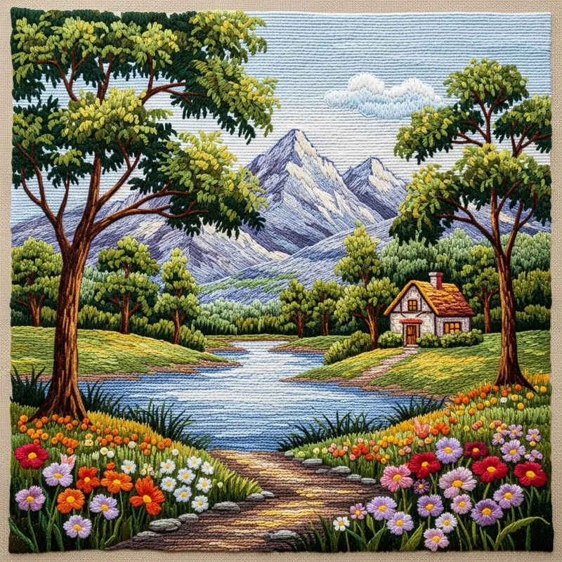 Beautiful Countryside Embroidery Artwork | Thread Painting