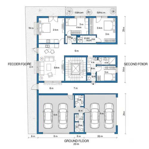 Three-Story Building Architectural Plan with Independent Living Units and Garage