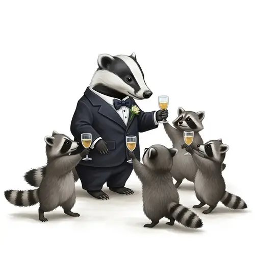 Charming Badger in Wedding Suit with Raccoons Toasting