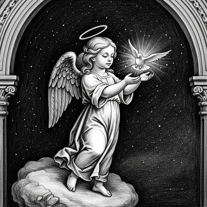 Black and White Charcoal Drawing of Little Angel Releasing Dove