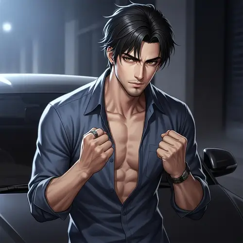 Intense South Asian Man Leaning on Black Car