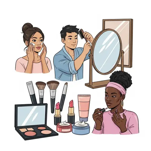 Diverse Beauty Routine with Latinx Woman, Asian Man, and Non-binary Individual