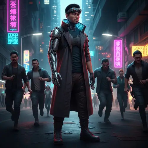 Cyberpunk Scene: Man with Mechanical Prosthetic Arm in Futuristic City