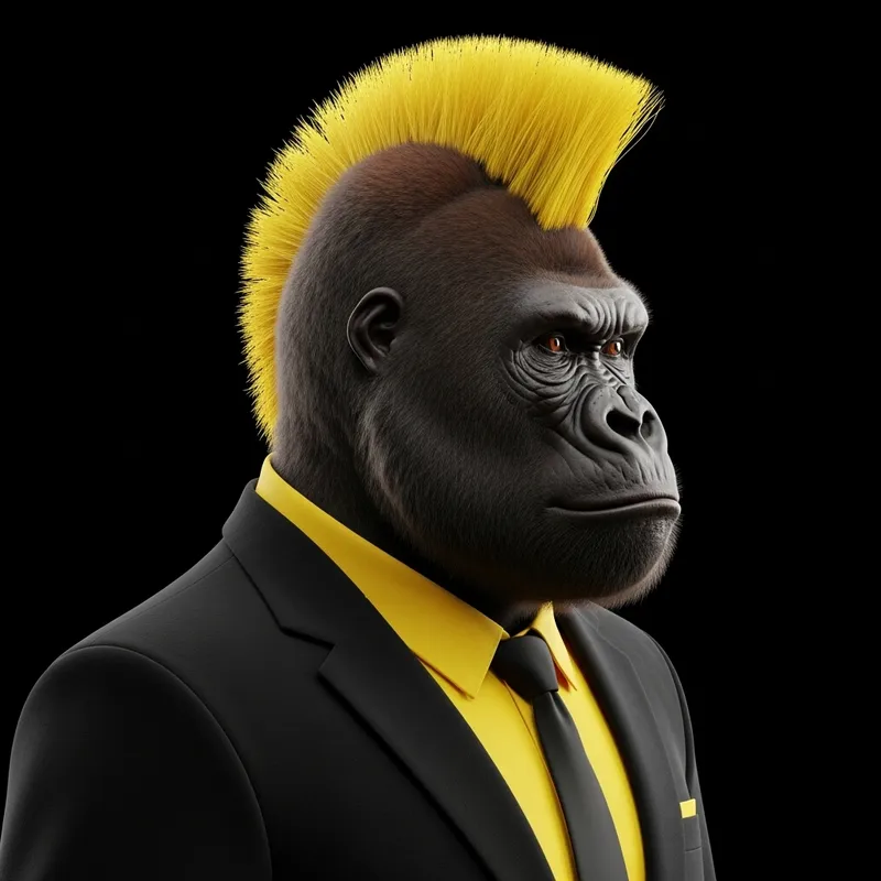 Punk Gorilla in Vantablack Suit with Yellow Mohawk