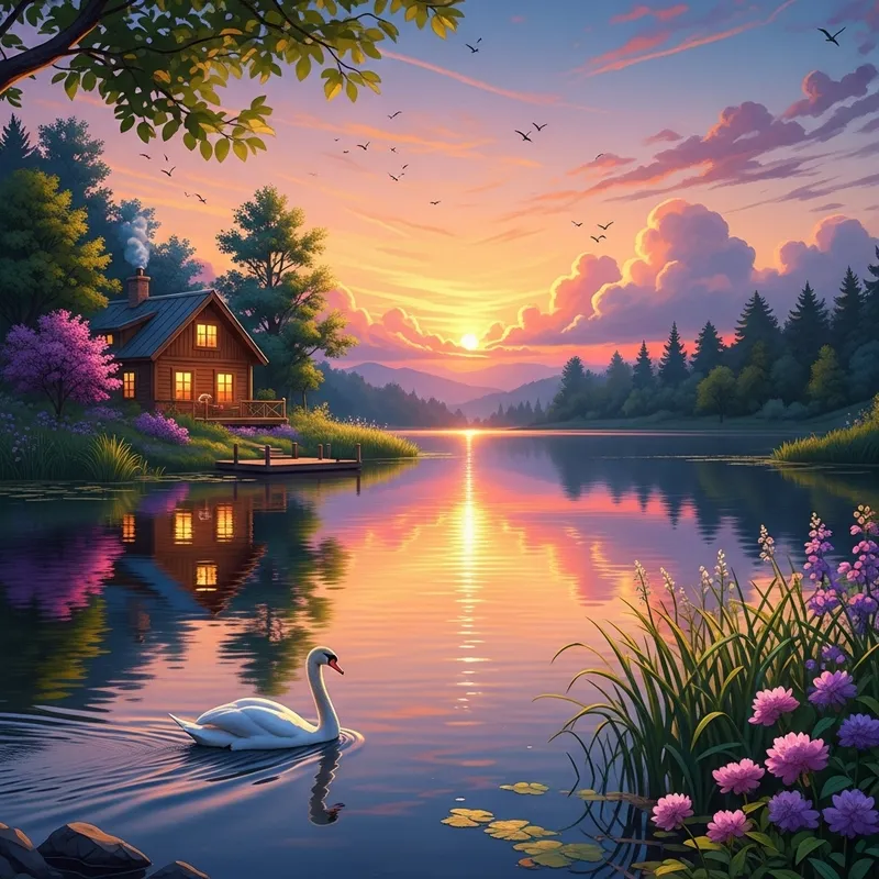 Serene Lake Sunset with Wooden Cabin and Graceful Swan
