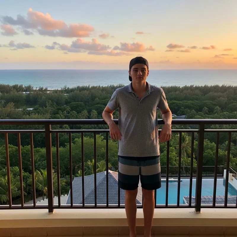American Teenager Enjoying Sunset Views at Luxury Hotel Balcony American Teenager Enjoying Sunset Views at Luxury Hotel Balcony