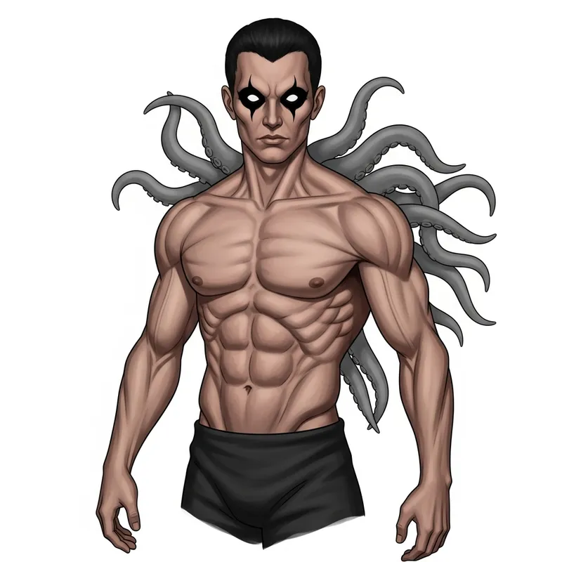 Striking Humanoid Monster with Ink-Black Eyes and Gray Tentacles
