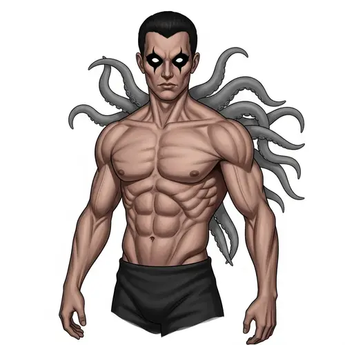 Humanoid Monster with Ink-Black Eyes and Gray Tentacles