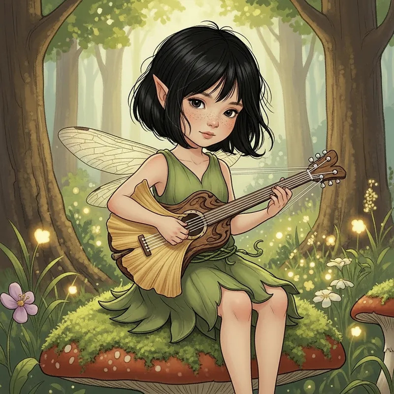 Adorable Young Fairy Playing Guitar with Short Black Hair