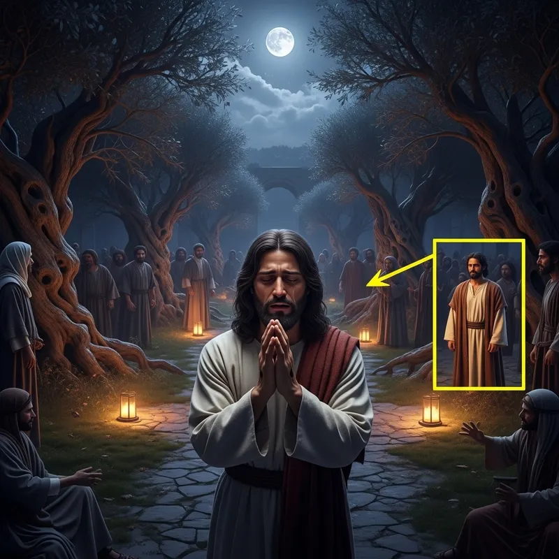 Hyperrealistic Image of Betrayal in Ancient Garden: Jesus at Gethsemane