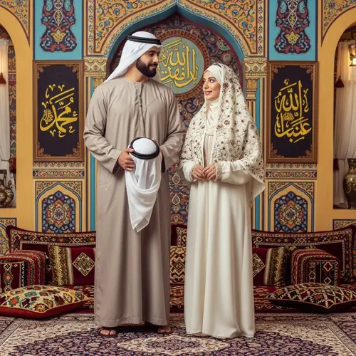 Middle-Eastern Muslim Couple in Traditional Clothing Sharing a Peaceful Moment