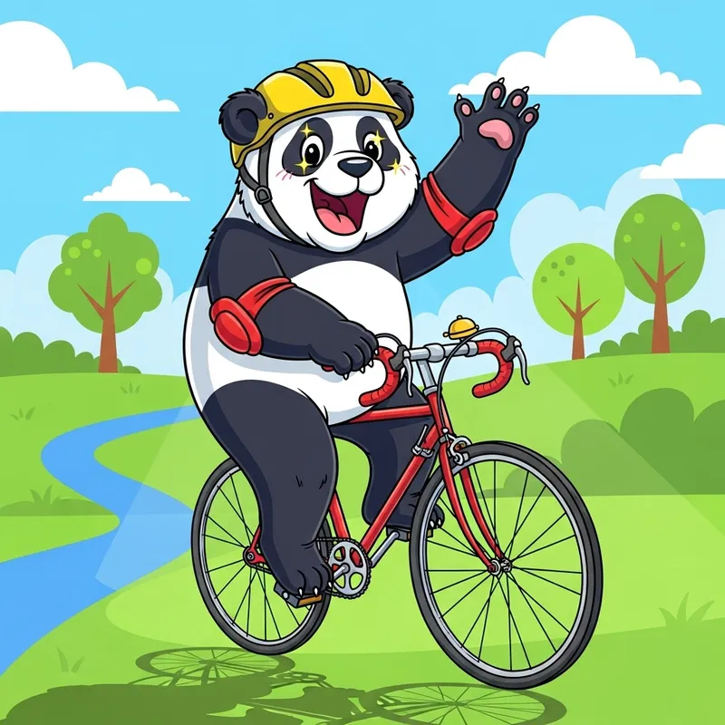 Happy Panda Riding Road Bike - Cute Cartoon Illustration