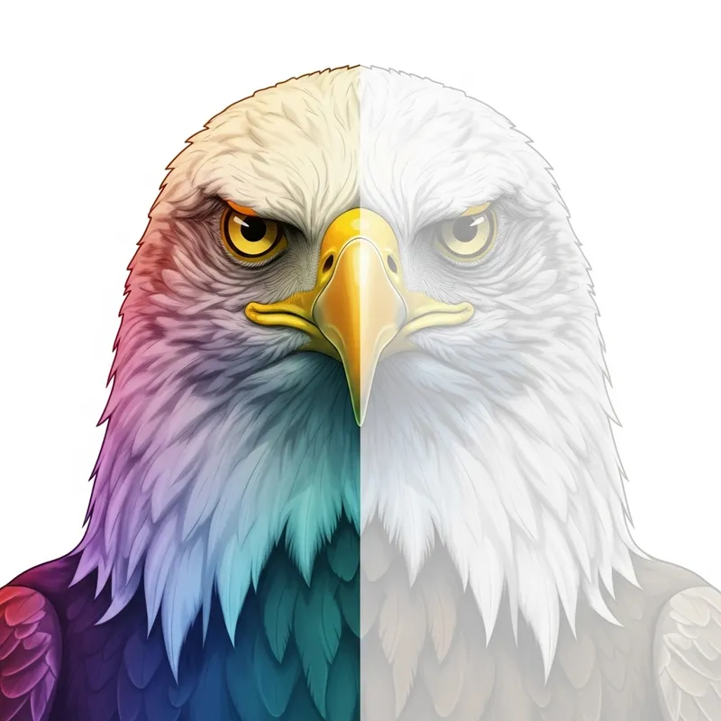 Majestic Eagle Staring Ahead with Fading Spectrum Feathers