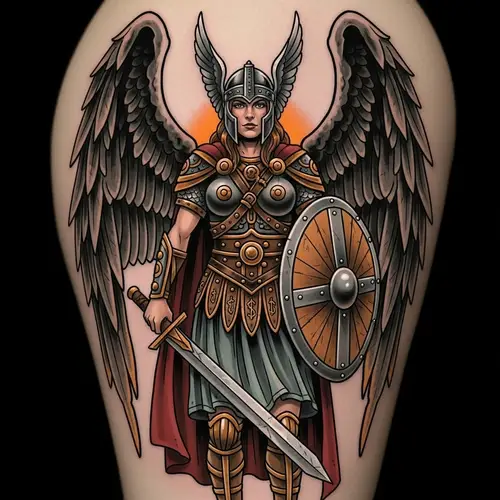 Neotraditional Valkyrie Tattoo with Majestic Wings