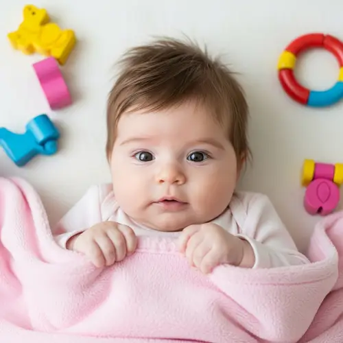 Adorable Baby Girl in Pink Blanket with Colorful Toys