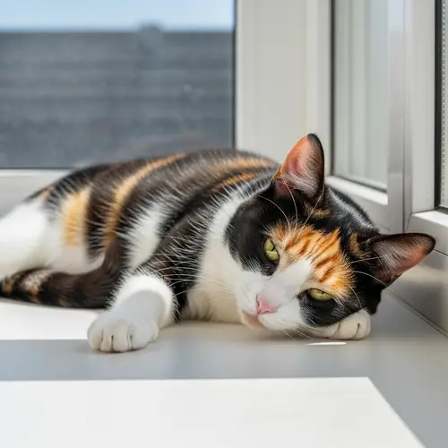 Calico Cat Basking in Sunlight on Window Sill