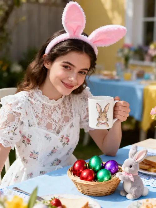 Easter Breakfast Model in Bunny Ears & Eggs