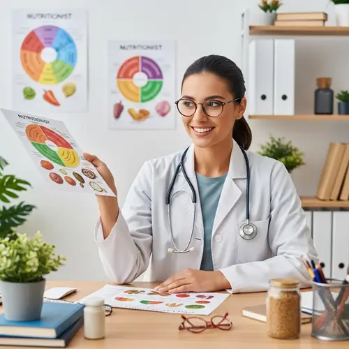 High-Resolution 8K Image of a Beautiful 30-Year-Old Nutritionist Explaining Healthy Eating