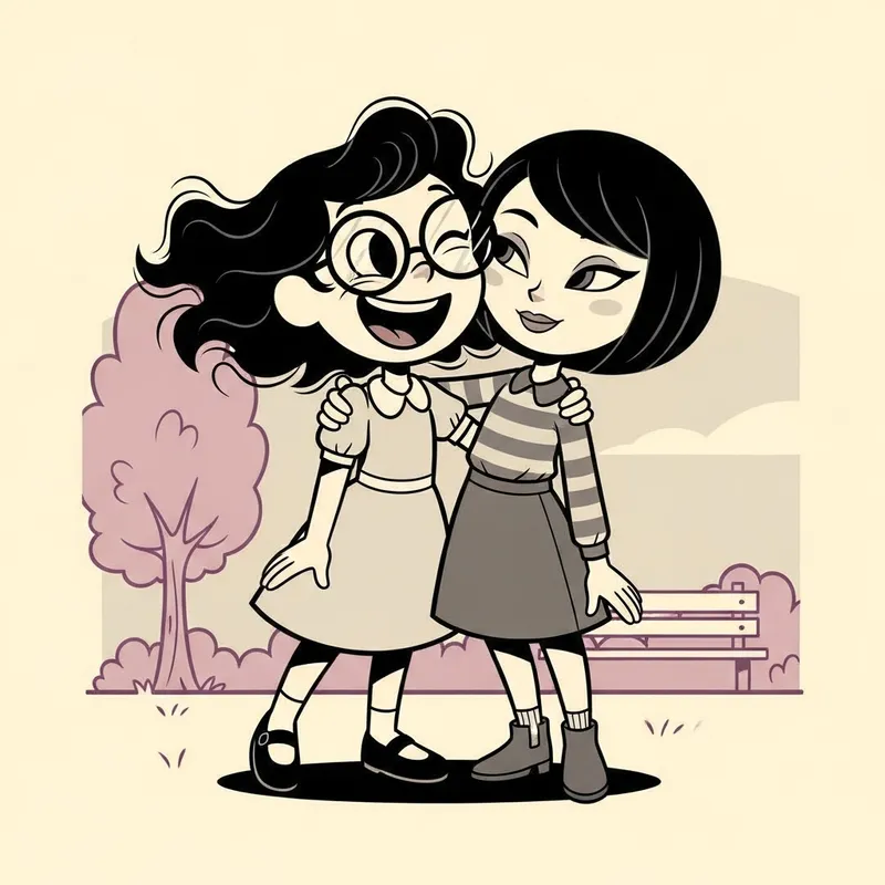 Happy Sisters: Vintage Cartoon Style with Unique Features