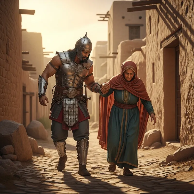 Muscular Warrior Assisting - Serene Village Scene