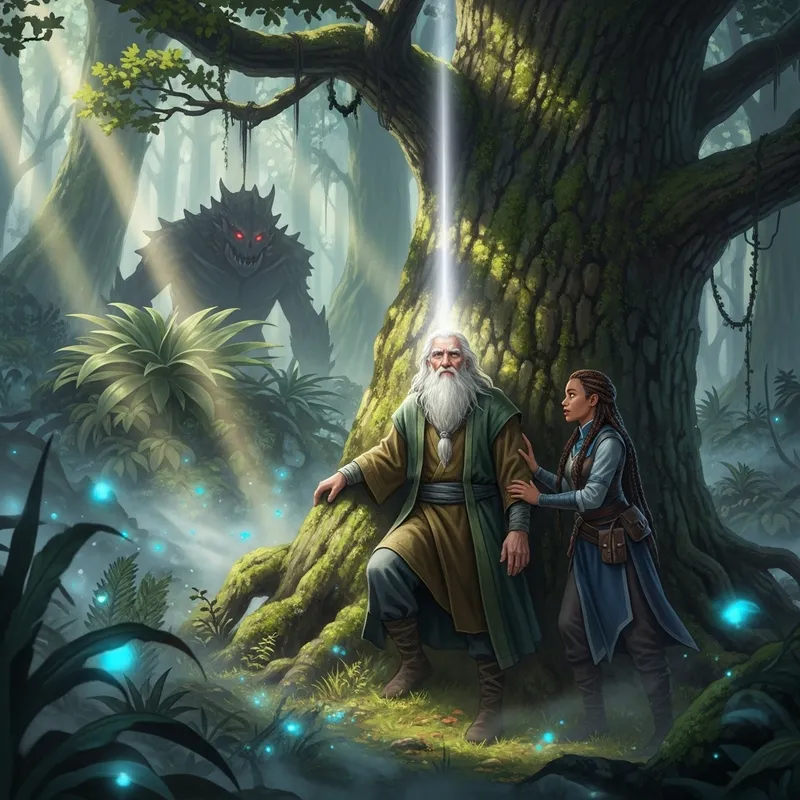 Magical Forest Scene with Elderly Man, Woman & Giant Monster Magical Forest Scene with Elderly Man, Woman & Giant Monster