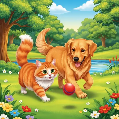 Cat and Dog Playing Together in Lush Green Park