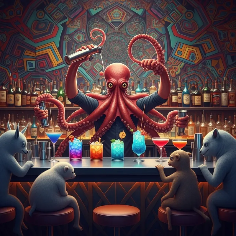 Psychedelic Six-Armed Bartender Mixing Colorful Cocktails Psychedelic Six-Armed Bartender Mixing Colorful Cocktails