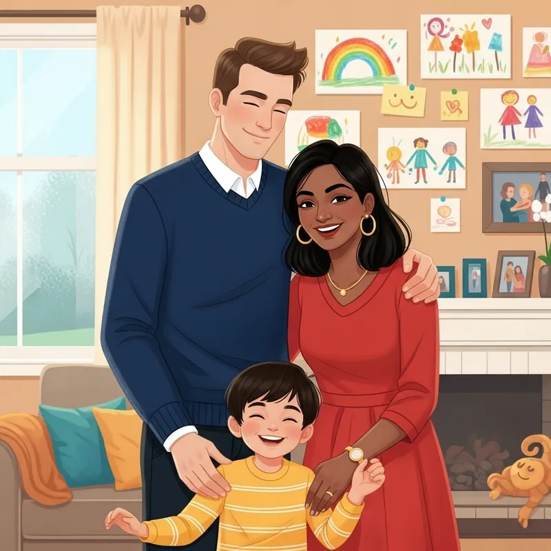 Joyful Adoptive Parents Embracing a Child | Adoption Scene