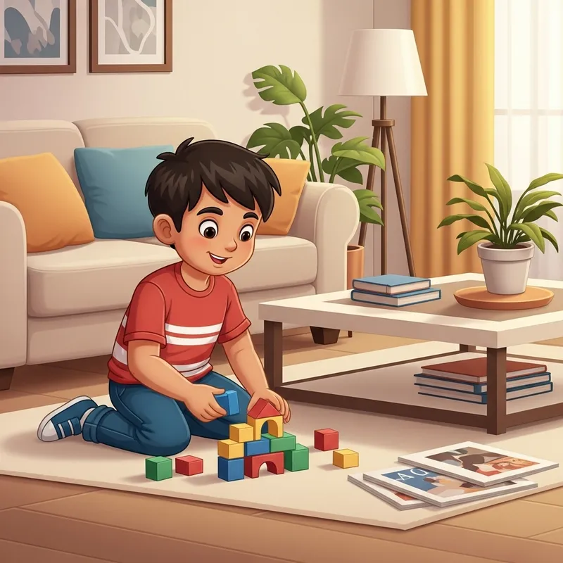 Young Hispanic Boy Playing with Building Blocks at Home