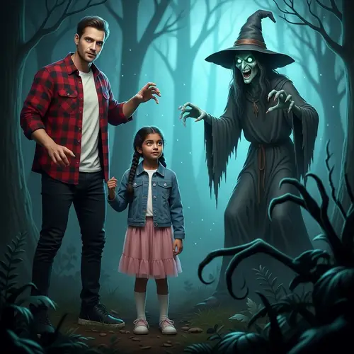 Father and Daughter Face Witch in Dark Forest