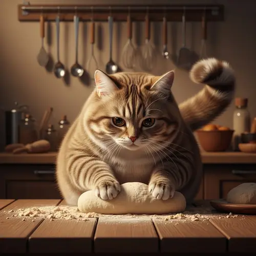 Adorable Cat Kneading Bread in Cozy Kitchen Setting