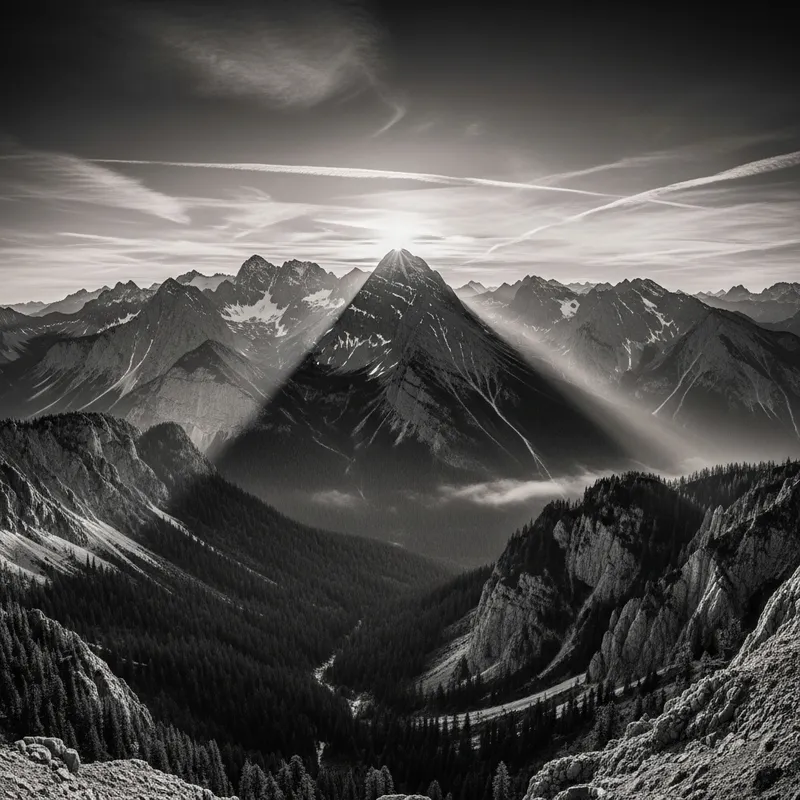 Majestic Sunrise Mountain Range Landscape in Monochrome