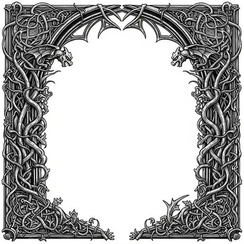 Intricate Gothic Page Border Design: Gargoyles, Vines, Linear Patterns
