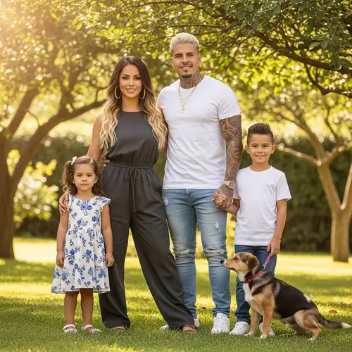 Familial Love in the Garden: Latino-inspired Family with Children and Puppy